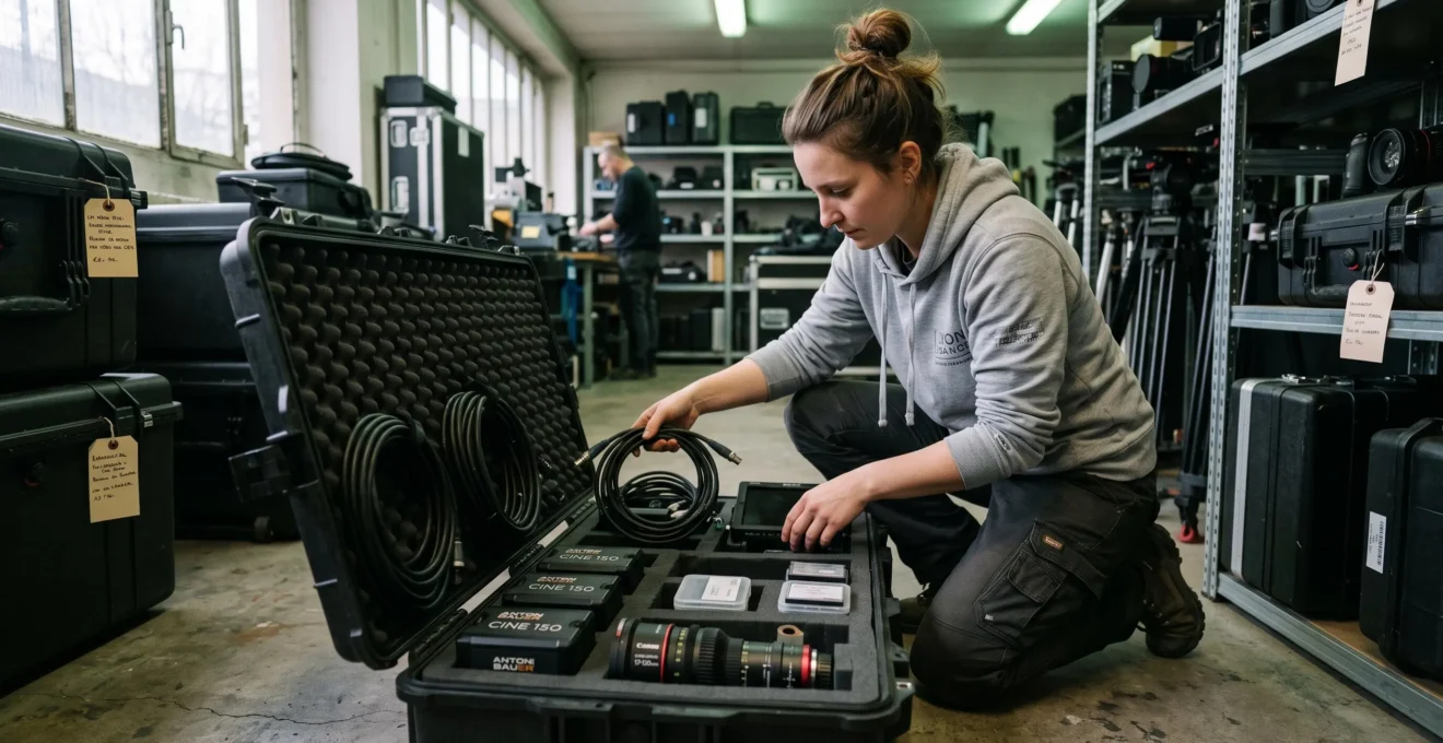 Un assistant range batteries et objectifs dans une valise de transport rembourrée.