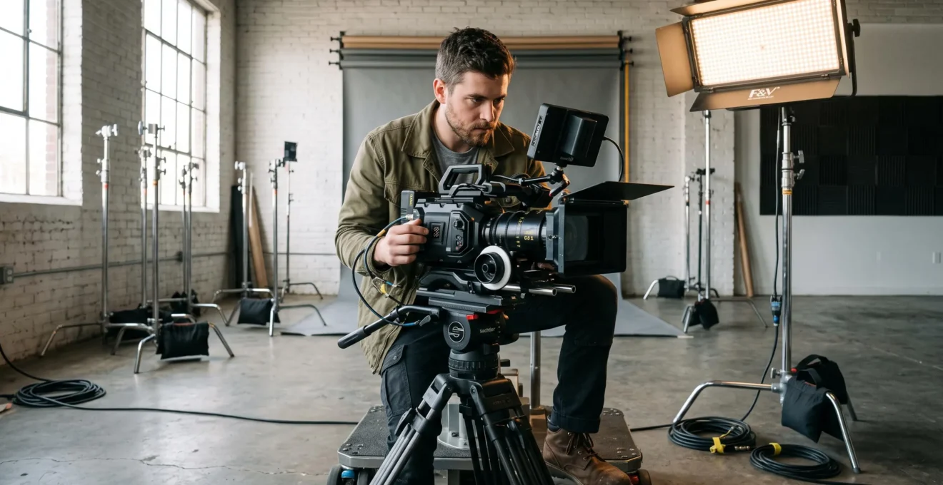 Un cadreur règle une caméra cinéma professionnelle montée sur trépied dans un studio de location.