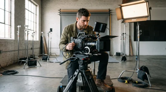 Un cadreur règle une caméra cinéma professionnelle montée sur trépied dans un studio de location.